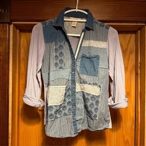 Sundance Patchwork Sky Blue Denim Button Front Shirt XS